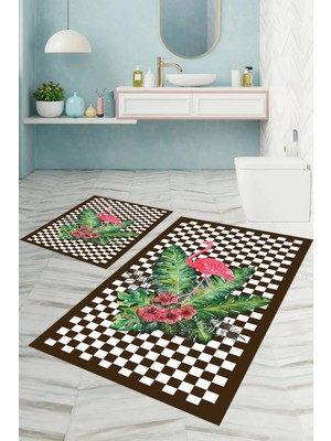 Mikasso Dijital Baskılı Yıkanabilir Kaymaz Taban Flamingo Desenli Banyo Paspası Klozet Takımı Polyester Kahv