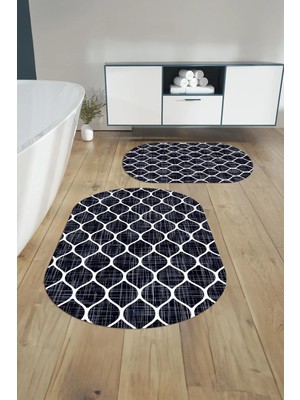 Mikasso Dijital Baskılı Yıkanabilir Sade Kupa Desenli Oval Banyo Paspası Klozet Takımı Polyester Lacivert