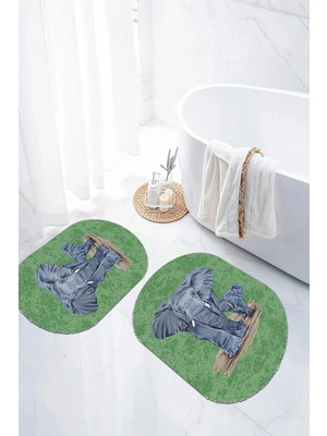 Mikasso Dijital Kaymaz Taban Yıkanabilir Fil Desenli Oval Banyo Paspası Klozet Takımı Polyester Çok Renkli