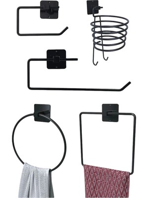 Mikasso Yapışkanlı Tuvalet Kağıdı+Kağıt Havu+Kare ve Yuvarlak Havlu Tutucu Havluluk 5'li Set Metal Siyah