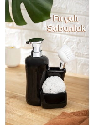 Mikasso 268669 Tezgah Üstü Siyah Sıvı Sabunluk Fırçalı Süngerli Porselen Sabunluk (550ML) 20CM Porselen Siya