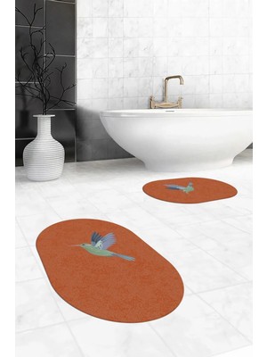 Mikasso Dijital Yıkanabilir Kaymaz Modern Kuş Desen Ikili Banyo Halısı Paspas Oval Klozet Takımı Polipropile