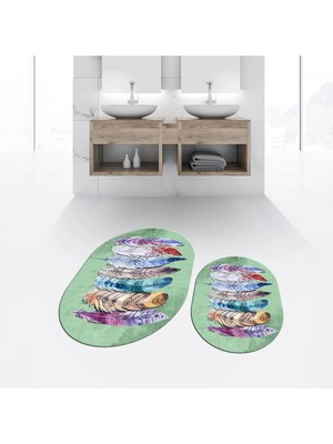 Mikasso Dijital Baskılı Kaymaz Taban Yıkanabilir Oval Ikili Banyo Paspas Klozet Takımı, V-O-Klozet-25-Yeşil,