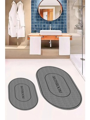 Mikasso Dijital Baskılı Yıkanabilir Kaymaz Sade Bathroom Yazılı Oval Banyo Paspası Klozet Takımı Polipropile