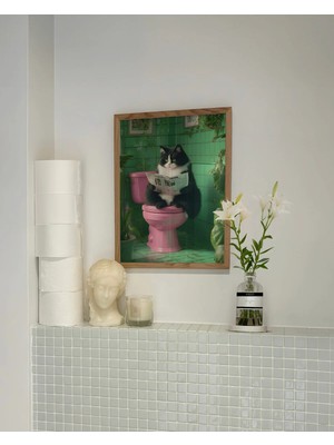 Mikasso Tuvalette Gazete Okuyan Kedi Posteri, Kedi Posteri, Çerçevesiz Banyo Kedi Temalı Poster Kağıt Çok Re