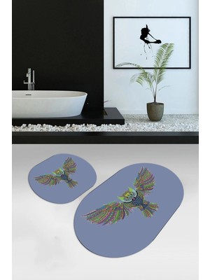 Mikasso Dijital Baskılı Kaymaz Yıkanabilir Kuş Desen Oval Banyo Takımı Klozet Takımı, N-O-Klozet-37-Mavi Pol