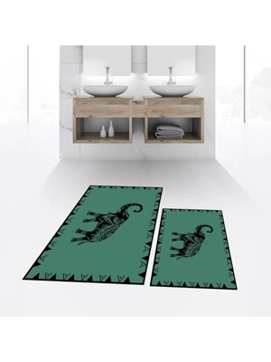 Mikasso Dijital Baskılı Kaymaz Taban Yıkanabilir Ikili Banyo Paspas Klozet Takımı, V-Klozet-32-Yeşil, Polyes