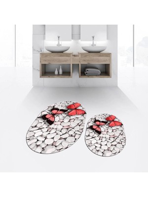 Mikasso Dijital Baskılı Kaymaz Yıkanabilir Oval Ikili Banyo Paspas Klozet Takımı, V-O-Klozet-45-Kırmızı, Pol