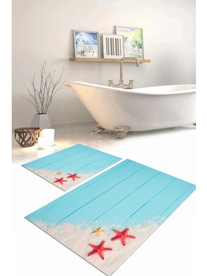 Mikasso Dijital Baskılı Yıkanabilir Modern Deniz Yıldızı Banyo Paspası Klozet Takımı Polyester Turkuaz