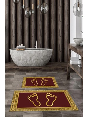 Mikasso Dijital Kaymaz Yıkanabilir Ayak Izi Desen Banyo Paspası 2'li Klozet Takımı Halısı Polyester Bordo