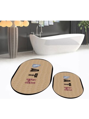 Mikasso Dijital Baskılı Kaymaz Taban Yıkanabilir Oval Ikili Banyo Paspas Klozet Takımı, V-O-Klozet-08-Kahve,