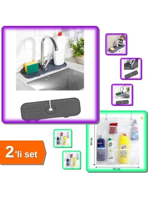 Mikasso Esnek Musluk Lavabo Matı + 8 Cepli Askılı Mutfak Banyo Düzenleyici - 2li Set H3Q2M9 Plastik Çok Renk