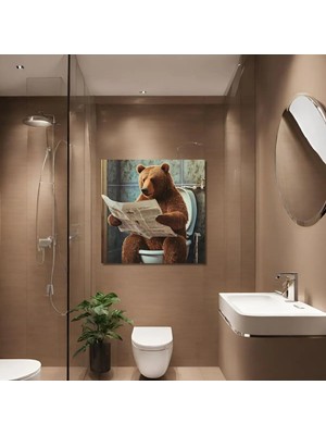 Mikasso Tekli Kare Kanvas Banyo Tablosu Gazete Okuyan Kahverengi Ayı Kanvas Çok Renkli Çerçevesiz