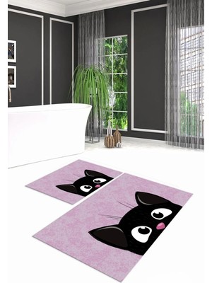 Mikasso Dijital Baskılı Kaymaz Yıkanabilir Kedi Desen Ikili Banyo Takımı Klozet Takımı, N-Klozet-40-Pembe, P