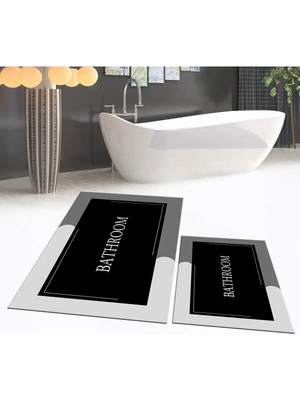Mikasso Dijital Baskılı Kaymaz Taban Yıkanabilir Ikili Banyo Paspas Klozet Takımı, V-Klozet-02-Siyah, Polyes