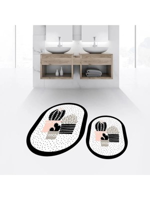 Mikasso Dijital Baskılı Kaymaz Taban Yıkanabilir Oval Ikili Banyo Paspas Klozet Takımı, V-O-Klozet-22-Beyaz,