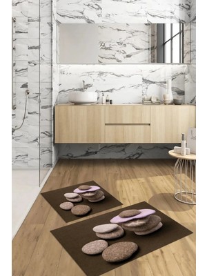 Mikasso Dijital Baskılı 3D Kaymaz Yıkanabilir Banyo Paspası 2'li Klozet Takımı Halısı Polyester Kahverengi