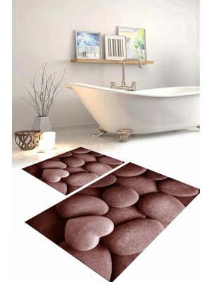 Mikasso Dijital Baskılı Yıkanabilir Kaymaz Taban Taş Modelli Banyo Paspası Klozet Takımı Polyester Bordo