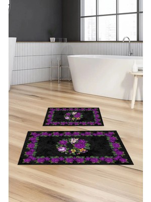 Mikasso Dijital Baskılı Kaymaz Taban Yıkanabilir Banyo Paspası 2'li Klozet Takımı Halısı Polyester Mor