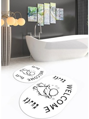 Mikasso Dijital Baskılı Kaymaz Yıkanabilir Welcome Oval Banyo Takımı Klozet Takımı Polyester Beyaz
