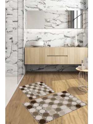 Mikasso Dijital Baskılı Yıkanabilir Kaymaz Taban Sade Modern Banyo Paspası Klozet Takımı Polyester Kahvereng