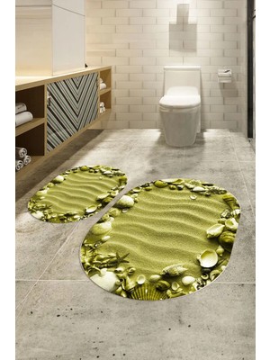 Mikasso 3D Dijital Baskılı Kaymaz Taban Yıkanabilir Oval Banyo Takımı Klozet Takımı, N-O-Klozet-47-Yeşil, Po