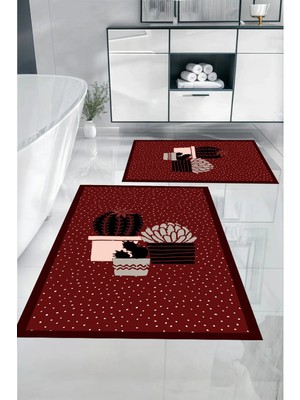 Mikasso Dijital Baskılı Yıkanabilir Modern Kaktüs Modelli Banyo Paspası Klozet Takımı Polyester Bordo