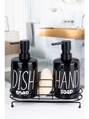 Mikasso 2'li Metal Stantlı ve Süngerli Porselen Sıvı Sabunluk Mutfak ve Banyo Seti, Hand And Dish Fenomen Se