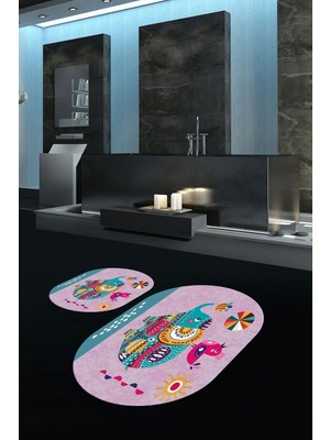 Mikasso Dijital Baskılı Kaymaz Yıkanabilir Fil Desen Oval Banyo Takımı Klozet Takımı Polyester Pembe
