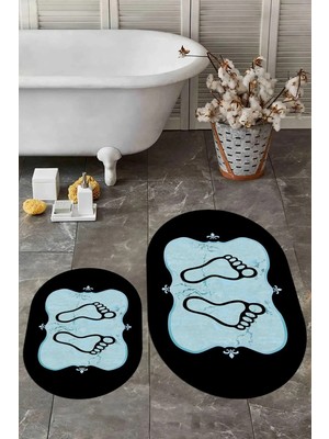 Mikasso Dijital Yıkanabilir Kaymaz Modern Ayak Izi Desen Ikili Oval Banyo Halısı Klozet Takımı Polipropilen