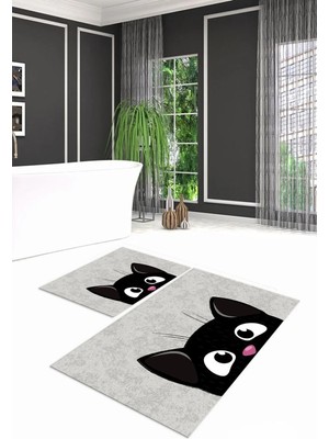Mikasso Dijital Baskılı Kaymaz Yıkanabilir Kedi Desen Ikili Banyo Takımı Klozet Takımı, N-Klozet-40-Gri, Pol