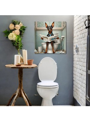 Mikasso Tekli Kare Kanvas Banyo Tablosu Gazete Okuyan Doberman Kanvas Çok Renkli Çerçevesiz