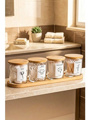 Mikasso Bamio - Bambu Standlı Bambu Kapaklı Etiketli Banyo Düzenleyici Cam Banyo Seti Banyo Organizeri Cam Ç