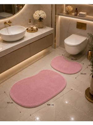 Mikasso 2li Banyo Paspas Seti Taş Desen Tavşan Tüyü 60X100 50X70 Akrilik Kalın (12 mm +) Pembe