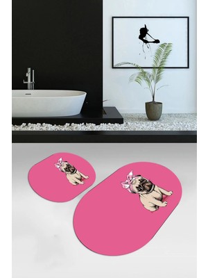 Mikasso Dijital Baskılı Kaymaz Yıkanabilir Köpek Desen Oval Banyo Takımı Klozet Takımı, N-O-Klozet-38-Pembe,