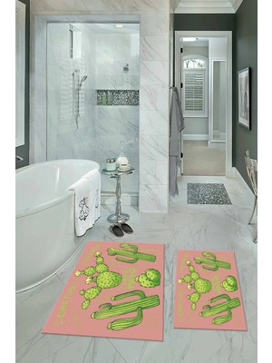 Mikasso Dijital Baskılı Kaymaz Yıkanabilir Kaktüs Ikili Banyo Takımı Klozet Takımı Polyester Pembe