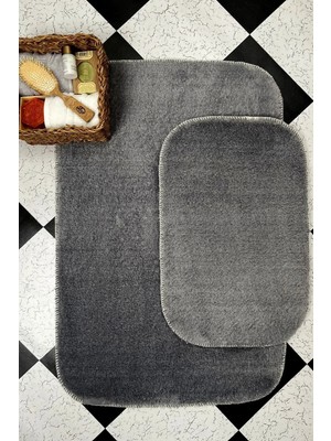 Mikasso Koyu Gri Banyo Paspas Takımı 2'li Yumuşak Pelüş Tüylü Kaymaz Tabanlı ( 60X100 / 40X60 ) Polyester In