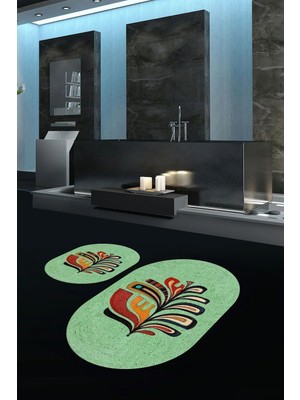 Mikasso Dijital Baskılı Kaymaz Taban Yıkanabilir Oval Banyo Takımı Klozet Takımı Polyester Yeşil