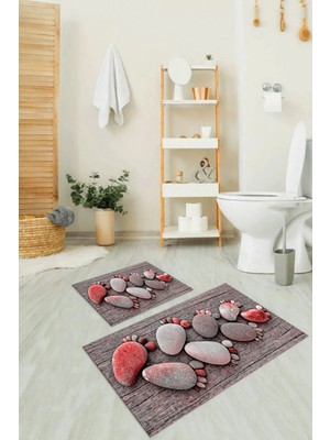 Mikasso 3D Dijital Baskılı Kaymaz Taban Yıkanabilir Ikili Banyo Takımı Klozet Takımı Polyester Kırmızı