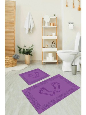 Mikasso Dijital Baskılı Kaymaz Yıkanabilir Ayak Desen Ikili Banyo Takımı Klozet Takımı Polyester Mor