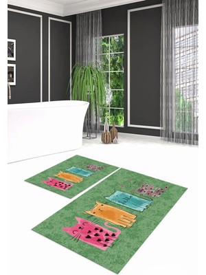 Mikasso Dijital Baskılı Kaymaz Yıkanabilir Kedi Desen Ikili Banyo Takımı Klozet Takımı, N-Klozet-41-Yeşil, P
