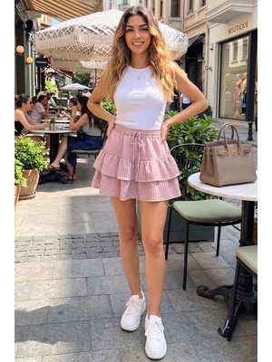 WeShaya Kadın Pembe Pötikare Desenli Kat Kat Fırfırlı Şort Etek Beli Lastikli %100 Pamuk Mini Etek