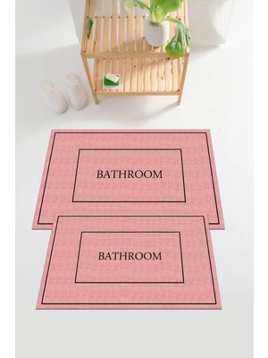 Mikasso Dijital Baskılı Yıkanabilir ve Kaymaz Tabanlı Çerçeveli Bathroom Yazılı Banyo Paspası Klozet Takımı