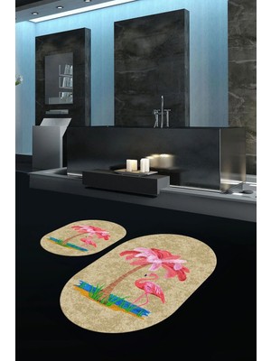 Mikasso Dijital Baskılı Kaymaz Taban Yıkanabilir Oval Banyo Takımı Klozet Takımı Polyester Kahverengi