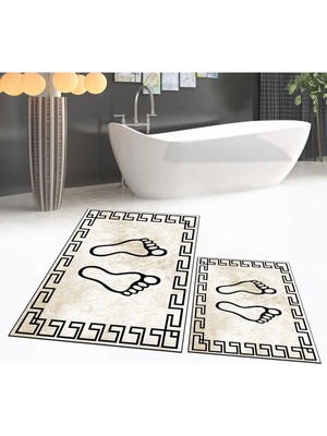 Mikasso Dijital Baskılı Kaymaz Taban Yıkanabilir Ikili Banyo Paspas Klozet Takımı, V-Klozet-19-Kahve, Polyes