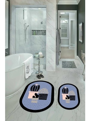 Mikasso Dijital Baskılı Kaymaz Yıkanabilir Kaktüs Oval Banyo Takımı Klozet Takımı Polyester Mavi