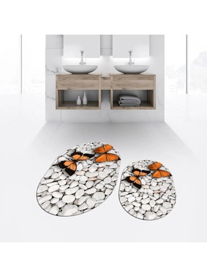 Mikasso Dijital Baskılı Kaymaz Taban Yıkanabilir Oval Ikili Banyo Paspas Klozet Takımı, V-O-Klozet-45-Kahve,
