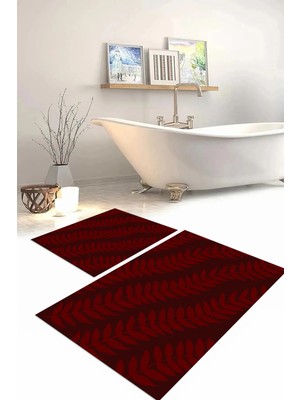 Mikasso Dijital Baskılı Yıkanabilir Kaymaz Taban Yaprak Desenli Banyo Paspası Klozet Takımı Polyester Bordo