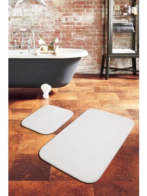 Mikasso Peluş Beyaz Kaymaz Taban 2'li Banyo Paspası Takımı Polyester Kalın (12 mm +) Beyaz