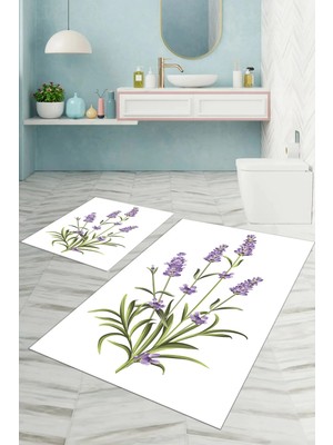 Mikasso Dijital Baskılı Yıkanabilir Sade Çiçek Desenli Banyo Paspası Klozet Takımı Polyester Beyaz